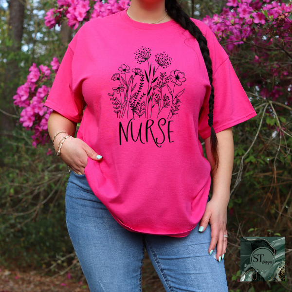 Floral Nurse black print T-Shirt