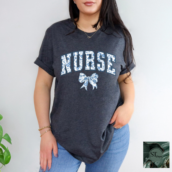 Nurse Blue floral bow T-Shirt