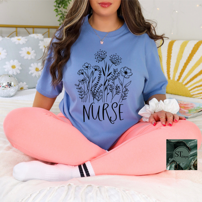 Floral Nurse black print T-Shirt