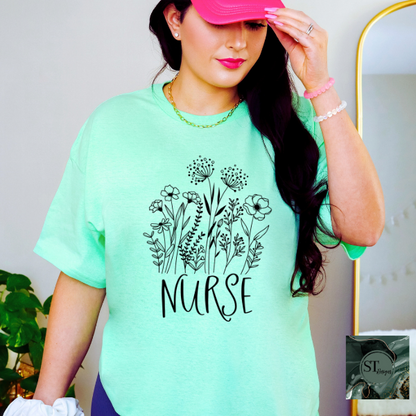 Floral Nurse black print T-Shirt