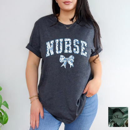 Nurse Blue floral bow T-Shirt