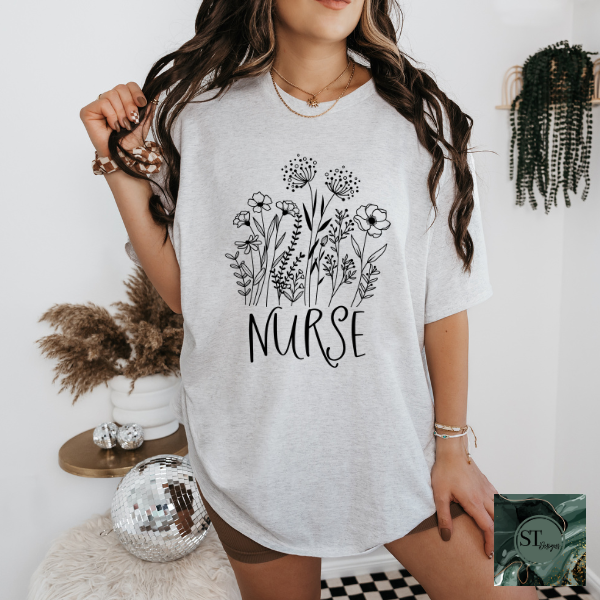 Floral Nurse black print T-Shirt